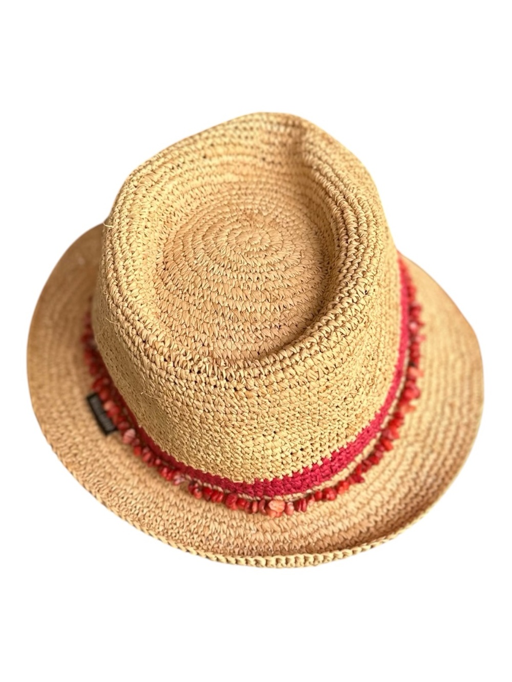 Woven Straw Fedora Hat in Tan with Red Trim - Picture 5 of 9